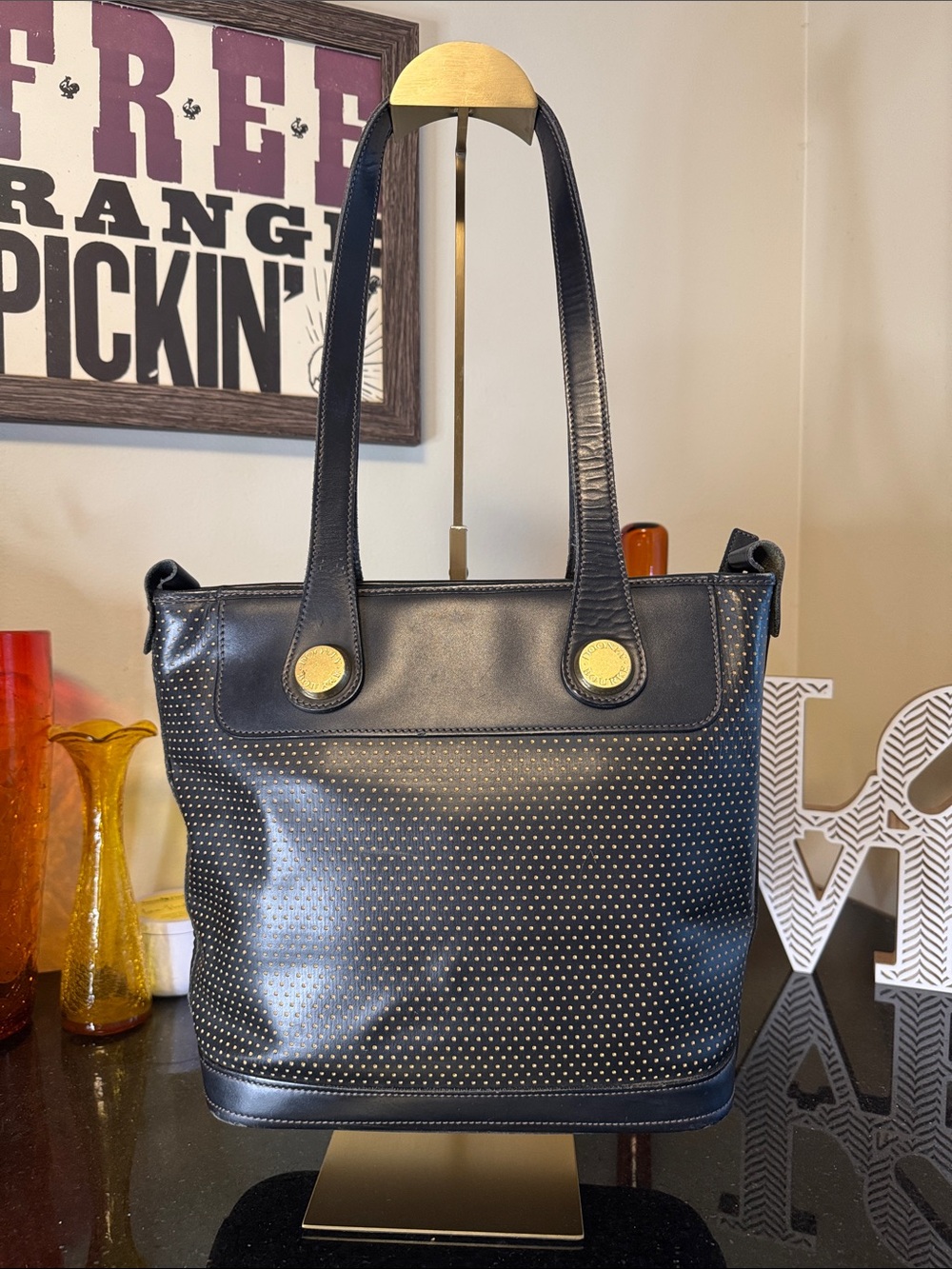 Vintage Dooney & Bourke Made in the USA Black Shoulder Bag with Gold Accents